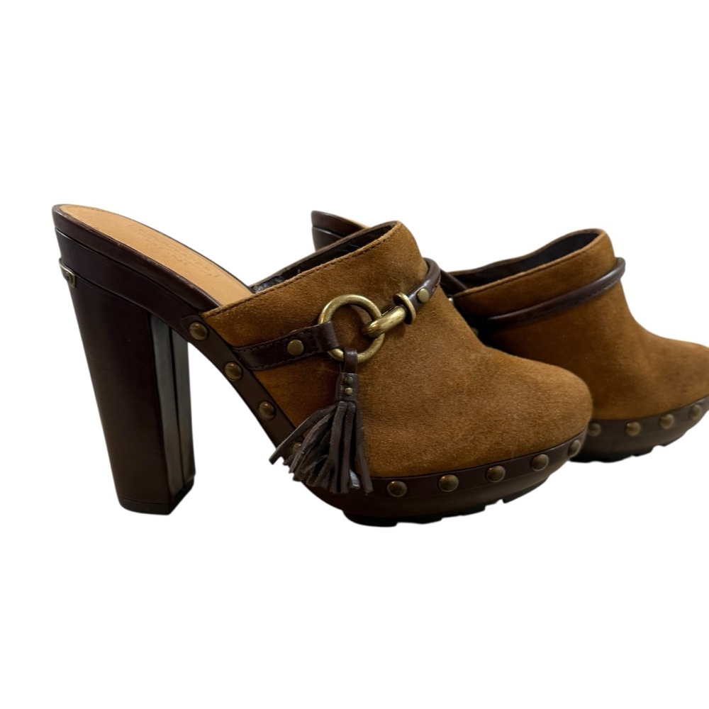 Coach Rana clog mule heels 7.5 brown suede horsebit tassel chunky heel
